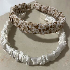 2 Thin Headbands- Brown Neutral Floral & White Satin-Like Shiny Sheen
